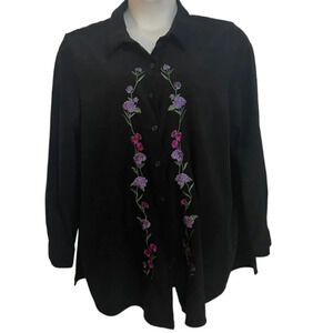 CASCADE BLUE Black faux suede embroidered flowers button up shirt purple pink